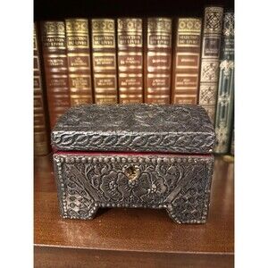 French vintage floral metal wood trinket jewelry box chest padded red satin